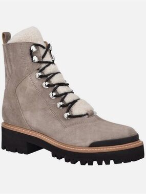 Marc Fisher Taupe Suede Shearling Lace-Up Lug Boot